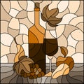 Stained glass illustration with  still life,wine bottle, glass and fruit, square image, tone brown Royalty Free Stock Photo