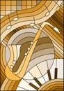 Stained Glass Illustration On The Subject Of Music , The Shape Of An Abstract Saxophone On Geometric Background, Brown Tone