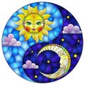 Stained glass illustration with  the sun and moon in the shape of the Yin yang sign, round image Royalty Free Stock Photo