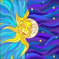 Stained glass illustration with sun and moon in the sky