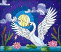 Stained glass illustration with Swan , Lotus flowers and reeds on a pond in the moon, starry sky and clouds