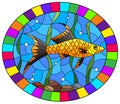 Stained glass illustration with of a swordfish on a background of algae and water, oval image in a bright frame