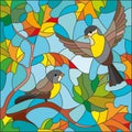 A stained glass illustration on the theme of autumn, two Tits and a yellowed maple leaves