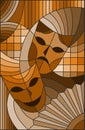 Stained glass illustration on the theme of carnival, abstract, mask,sepia