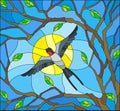 Stained glass illustration on the theme of spring, the swallow flying on the background of Sunny sky through the lumen of the bra