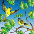 Stained glass illustration on the theme of summer, two siskin in the sky and maple leaves