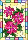 Stained glass illustration with three bright pink flowers of Petunia, buds and leaves on a yellow background in a frame Royalty Free Stock Photo