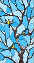 Stained glass illustration with titmouses on a birch