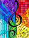 Stained glass illustration of a treble clef,rainbow background Royalty Free Stock Photo
