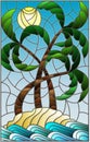 Stained glass illustration with a tropical sea landscape, coconut trees on the sandy beach on the background of Sunny sky Royalty Free Stock Photo