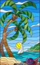 Stained glass illustration with a tropical sea, landscape, coconut trees and shells on the sandy beach, a sailboat with a white sa Royalty Free Stock Photo