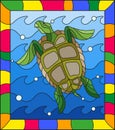 Stained glass illustration turtle into the waves and bubbles of air in a bright frame