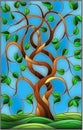 Stained glass illustration with twisted green tree on sky background Royalty Free Stock Photo