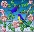 Stained glass illustration with two bright birds on the branches of blooming wild rose on a background sky
