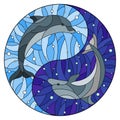 Stained glass illustration with two dolphins on the background of water and air bubbles in the form of the Yin Yang sign