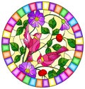 Stained glass illustration with two pink birds on the branches of blooming wild rose on a yellow background