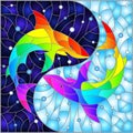 Stained glass illustration with a two rainbow sharks on a blue background, rectangular image