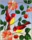 Stained glass illustration with two red birds on the branches of blooming wild rose on a background sky