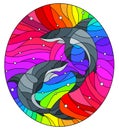 Stained glass illustration with a two sharks on a rainbow background, oval image