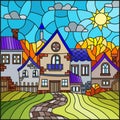 Stained glass illustration , urban autumn landscape,roofs and trees against the day sky and sun