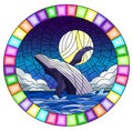 Stained glass illustration with a whale on the background of water ,cloud, sky and moon, oval image