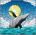 Stained glass illustration with a whale on the background of water ,cloud, sky and sun