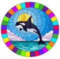 Stained glass illustration with a whale orca on the background of water ,cloud, sky and sun, oval image in bright frame