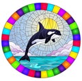 Stained glass illustration with a whale orca on the background of water ,cloud, sky and sun, oval image in bright frame