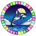 Stained glass illustration with a whale orca on the background of water and cloudy sky with moon , oval image in bright frame