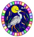 Stained glass illustration with white heron , reeds on a pond in the moon, sky and clouds,oval image in bright frame