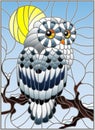Stained glass illustration with white polar owl sitting on a tree branch against the sky and the sun Royalty Free Stock Photo