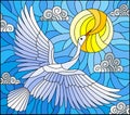 Stained glass illustration with a white Swan flying against a cloudy blue sky and the sun Royalty Free Stock Photo