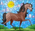 Stained glass illustration with a wild horse on a background of fields and a cloudy sky with the sun, rectangular image