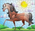 Stained glass illustration with a wild horse on a background of fields and a cloudy sky with the sun, rectangular image