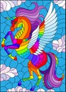 Illustration in the style of stained glass with winged bright rainbow cartoon unicorn against a cloudy blue sky