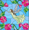 Stained glass illustration with a winged fairy in the sky, flowers and greenery