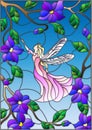 Stained glass illustration with a winged fairy in the sky, flowers and greenery