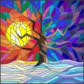 Stained glass illustration Winter landscape ,a lone tree against the bright sun and snow Royalty Free Stock Photo
