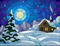 Stained glass illustration winter landscape, village house and fir-tree on a background of snow, starry sky and moon