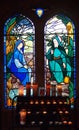 Stained glass at St Winefride`s shrine, Holywell in Northern Wales