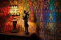 stained glass lamp casting colorful shadows on a wall