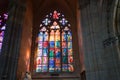 Stained glass lead-light feature window comprised of religious scenes Royalty Free Stock Photo