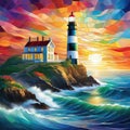 Stained glass light house of ocean and colorful light house generated with