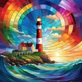 Stained glass light house of ocean and colorful light house generated with