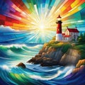 Stained glass light house of ocean and colorful light house generated with