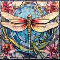stained glass mosaic of a dragonfly and flora