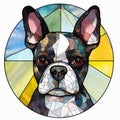 A stained glass mosaic portrait of a cute Boston Terrier dog