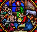 Stained Glass in Notre-Dame-des-flots, Le Havre - Nativity Scene at Christmas Royalty Free Stock Photo