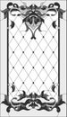 Stained-glass panel in rectangular frame, abstract floral stained glass arrangement of buds and leaves, Art Nouveau style.