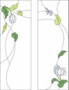 Stained-glass panel in a rectangular frame. Classic window, abstract floral arrangement of buds and leaves. Art nouveau style